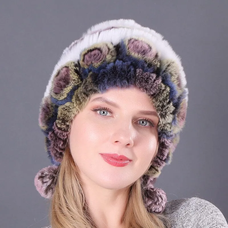 Warm Flowers Striped Real Rex Rabbit Fur Hats