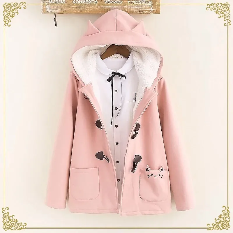 Warm Kawaii Pink/Black/Navy Cat Hooded Ear Jacket AD10178