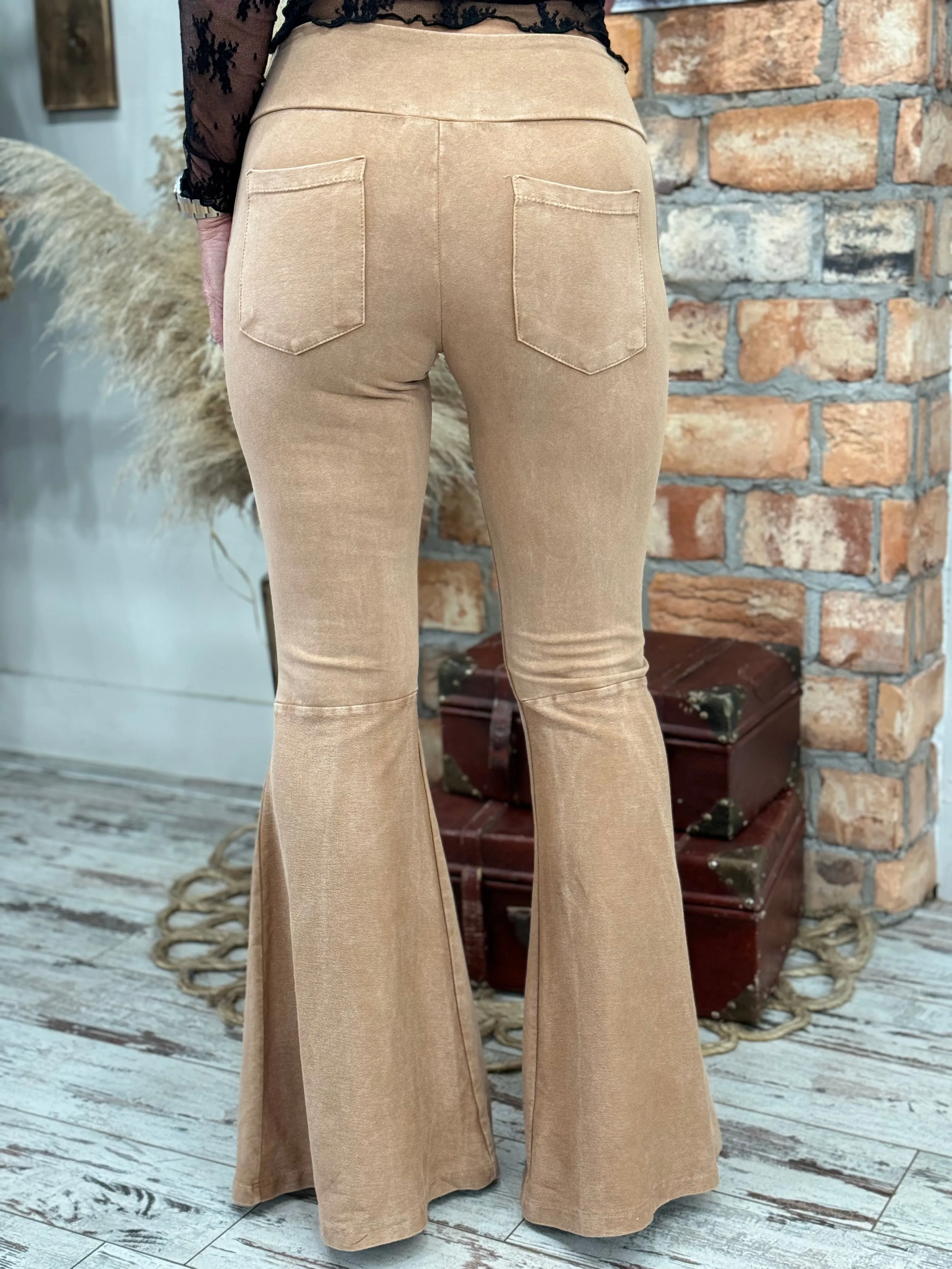 Washed Bell Bottom Flare Pants with Pockets in Camel