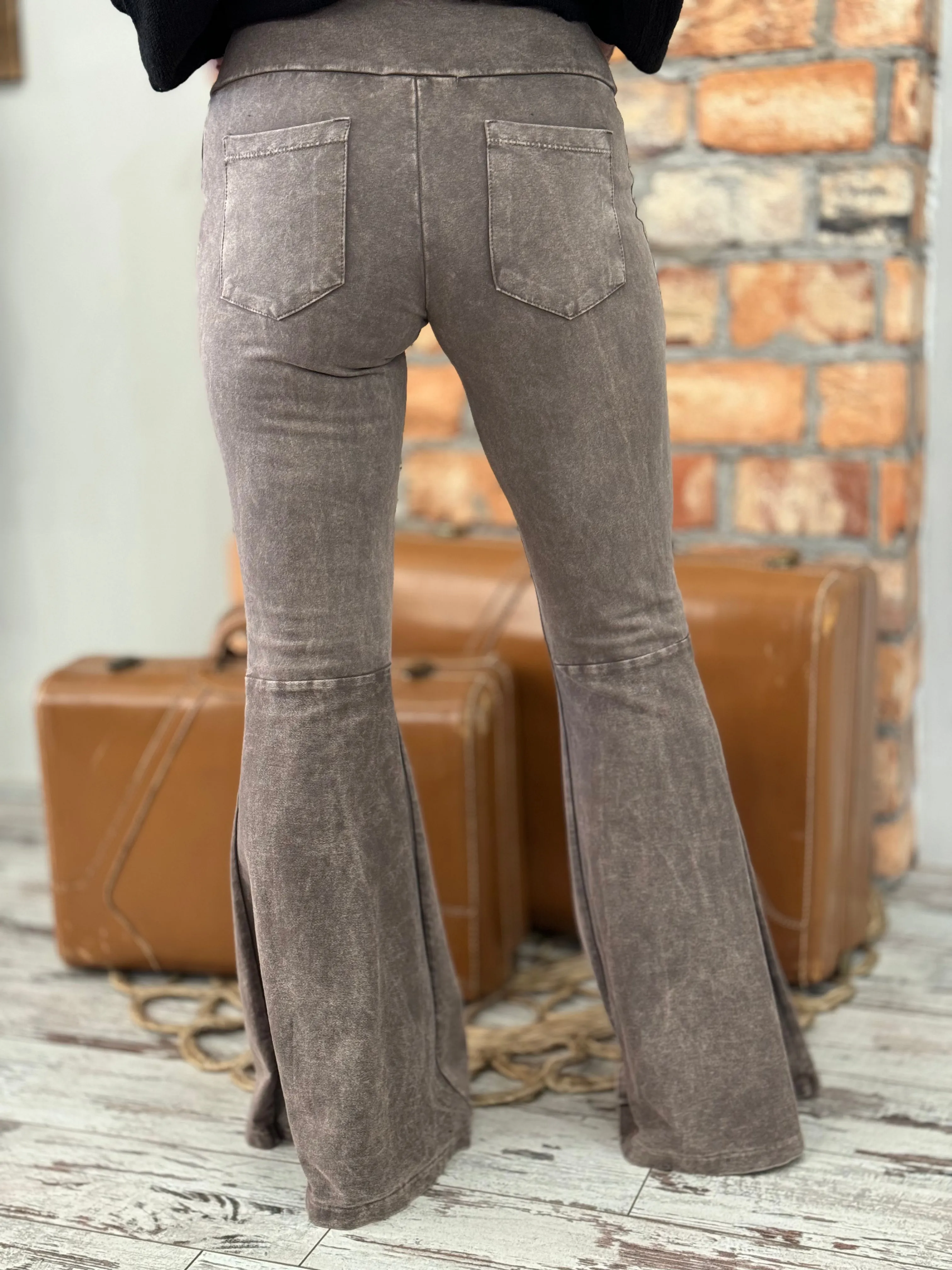 Washed Bell Bottom Flare Pants with Pockets in Taupe