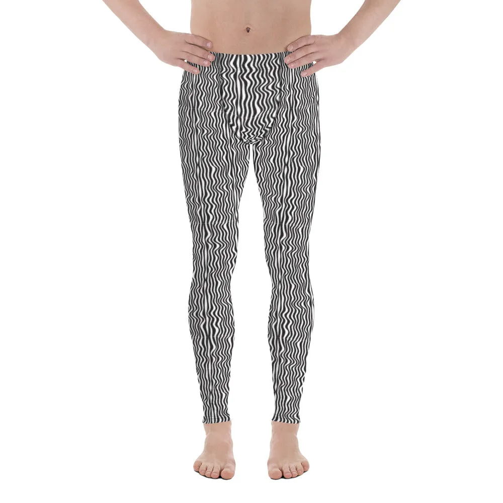 Wavy Black White Meggings, Curvy Patterned Men's Leggings Running Tights-Made in USA/EU