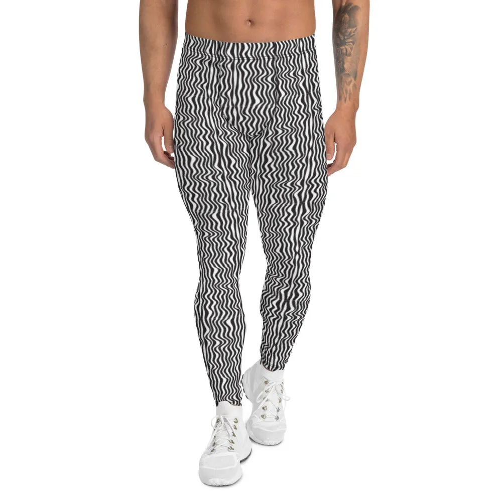 Wavy Black White Meggings, Curvy Patterned Men's Leggings Running Tights-Made in USA/EU