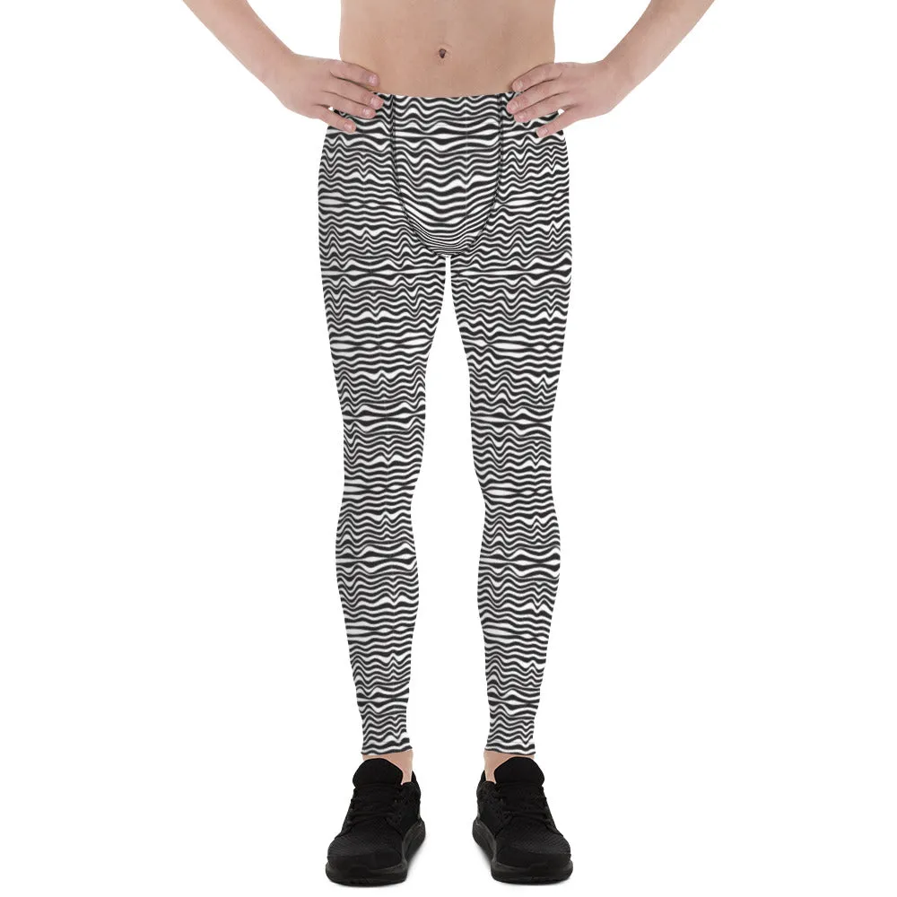 Wavy Black White Striped Meggings, Designer Modern Men's Tights Leggings-Made in USA/EU