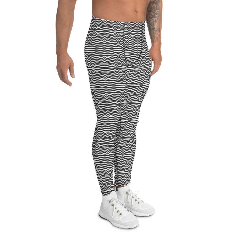 Wavy Black White Striped Meggings, Designer Modern Men's Tights Leggings-Made in USA/EU