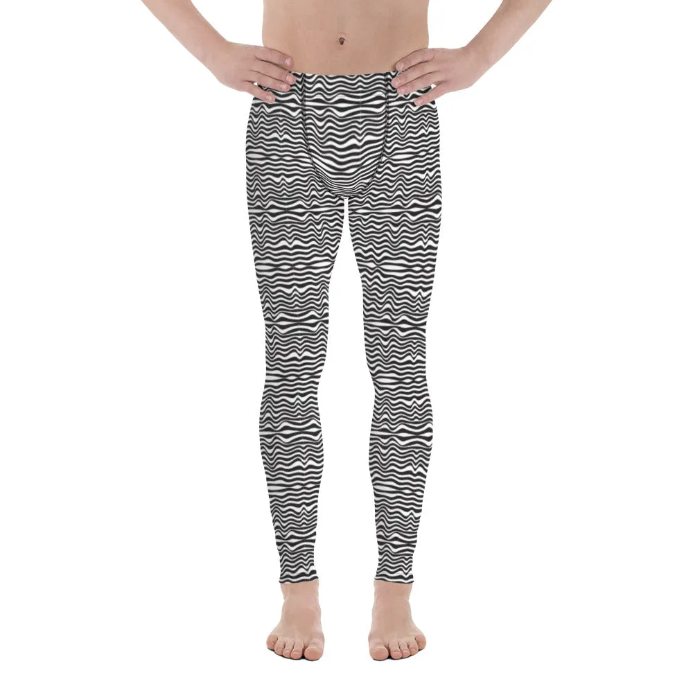 Wavy Black White Striped Meggings, Designer Modern Men's Tights Leggings-Made in USA/EU