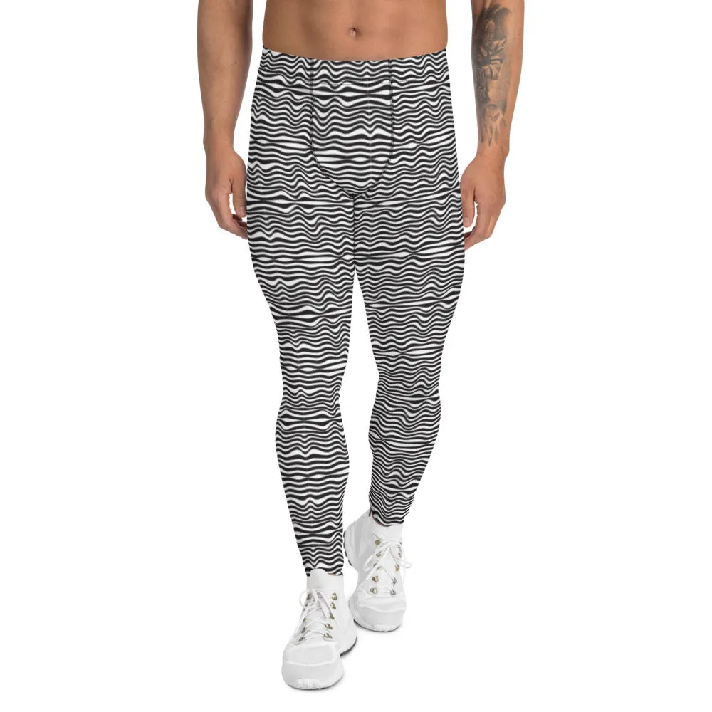 Wavy Black White Striped Meggings, Designer Modern Men's Tights Leggings-Made in USA/EU