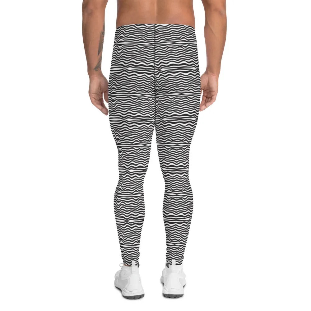 Wavy Black White Striped Meggings, Designer Modern Men's Tights Leggings-Made in USA/EU