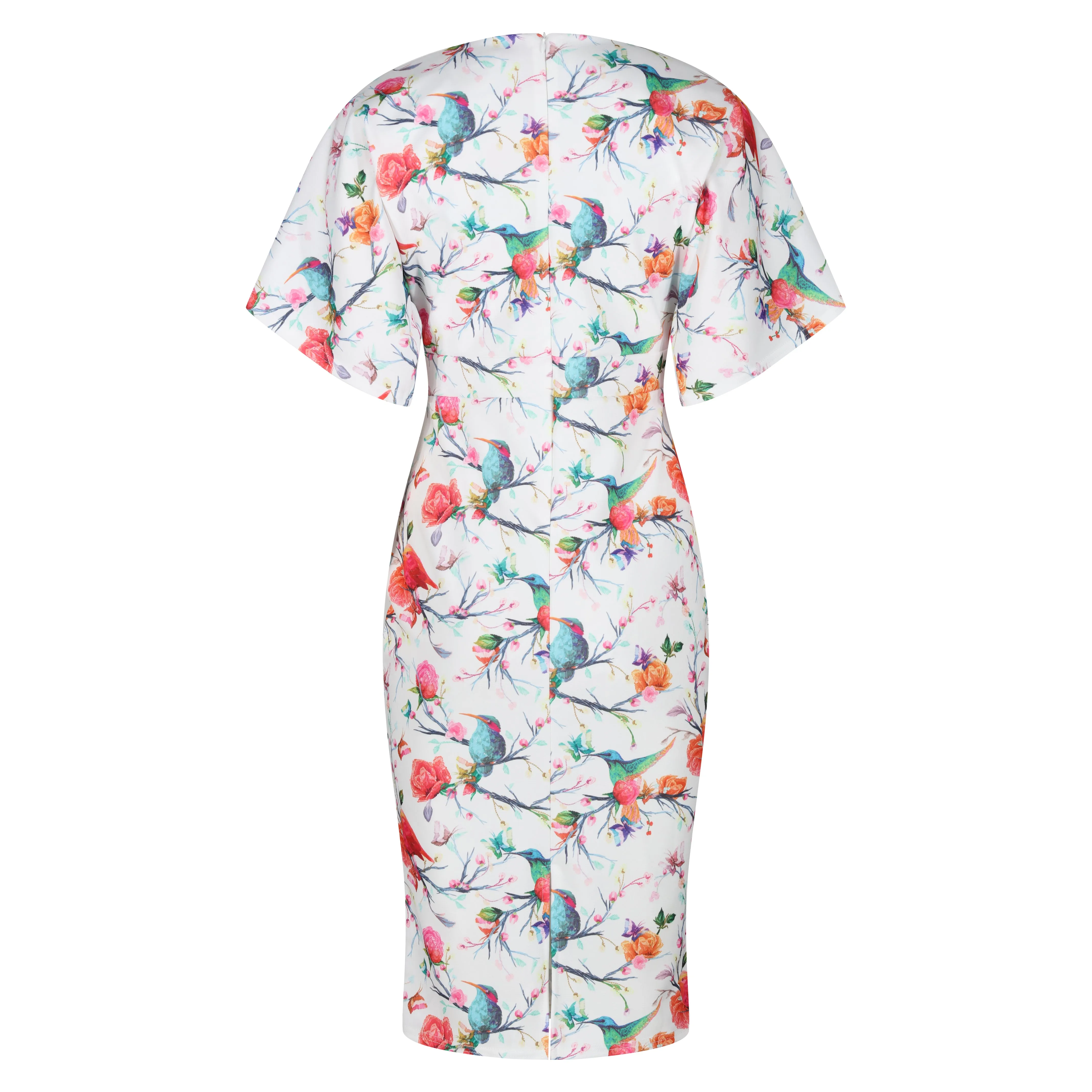 White Hummingbird & Butterfly Print 40s Style Pencil Dress With Batwing Sleeves & Crossover Top