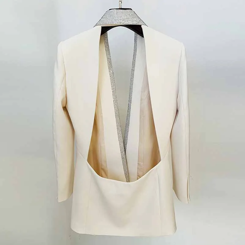 Women Deep V Rhinestone Blazer in White Backless Coat Dress