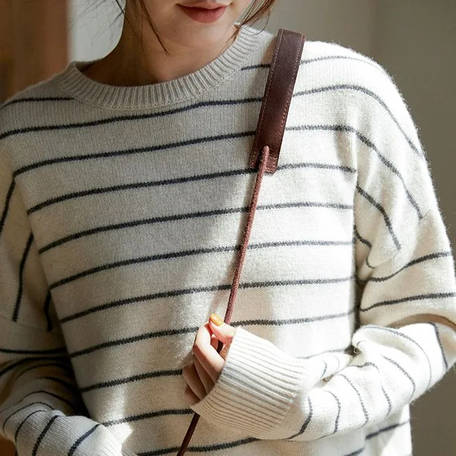 Wool Pullover Sweater for Ladies, Casual Crew-Neck Sweater, Winter Strips Sweater