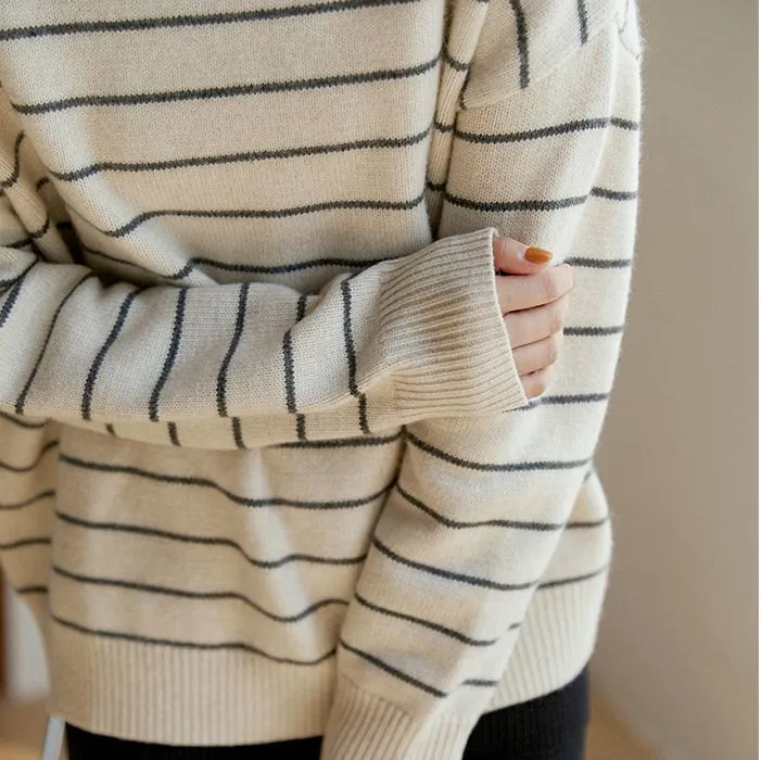 Wool Pullover Sweater for Ladies, Casual Crew-Neck Sweater, Winter Strips Sweater