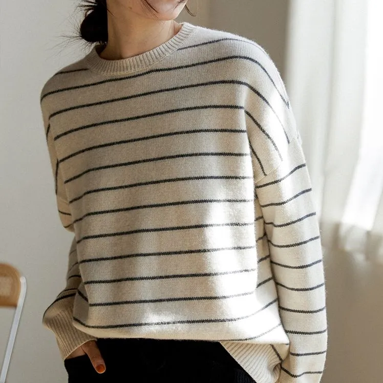 Wool Pullover Sweater for Ladies, Casual Crew-Neck Sweater, Winter Strips Sweater