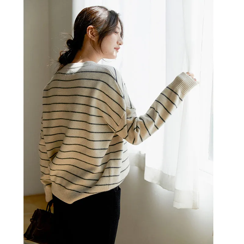 Wool Pullover Sweater for Ladies, Casual Crew-Neck Sweater, Winter Strips Sweater