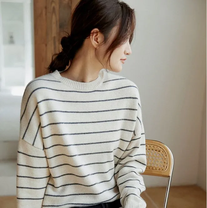 Wool Pullover Sweater for Ladies, Casual Crew-Neck Sweater, Winter Strips Sweater