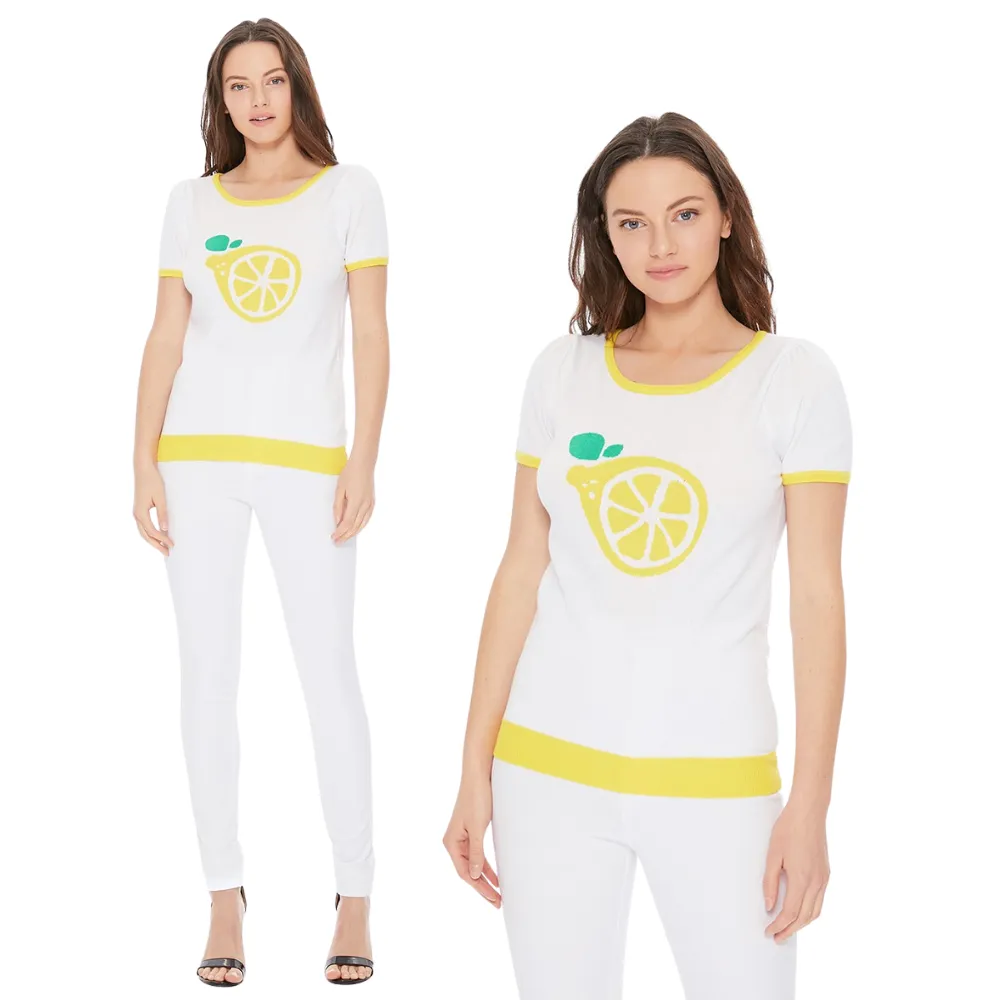 YEMAK Women's Short Sleeve Crewneck Lemon Print Casual T-Shirt Sweater MK32001 (S-L)