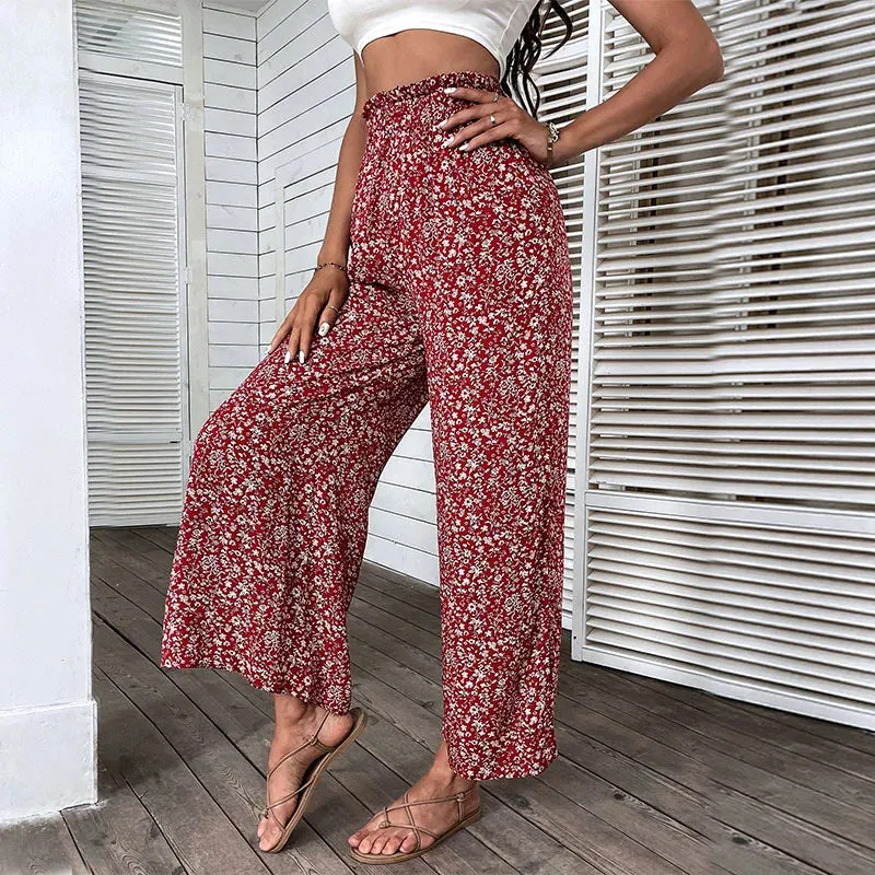 YESMYTOOL  -   Elegant Floral Print Pant for Summer Women's Pants 2024 New Elastic High Waist Red Cotton High Waist Split Wide Leg Pant