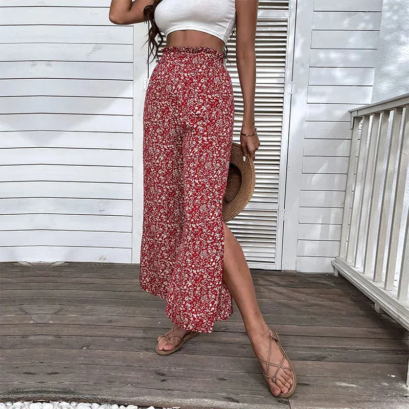 YESMYTOOL  -   Elegant Floral Print Pant for Summer Women's Pants 2024 New Elastic High Waist Red Cotton High Waist Split Wide Leg Pant