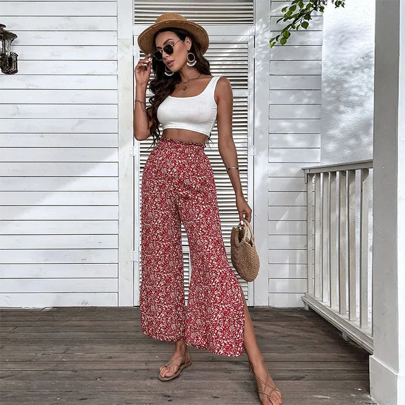 YESMYTOOL  -   Elegant Floral Print Pant for Summer Women's Pants 2024 New Elastic High Waist Red Cotton High Waist Split Wide Leg Pant