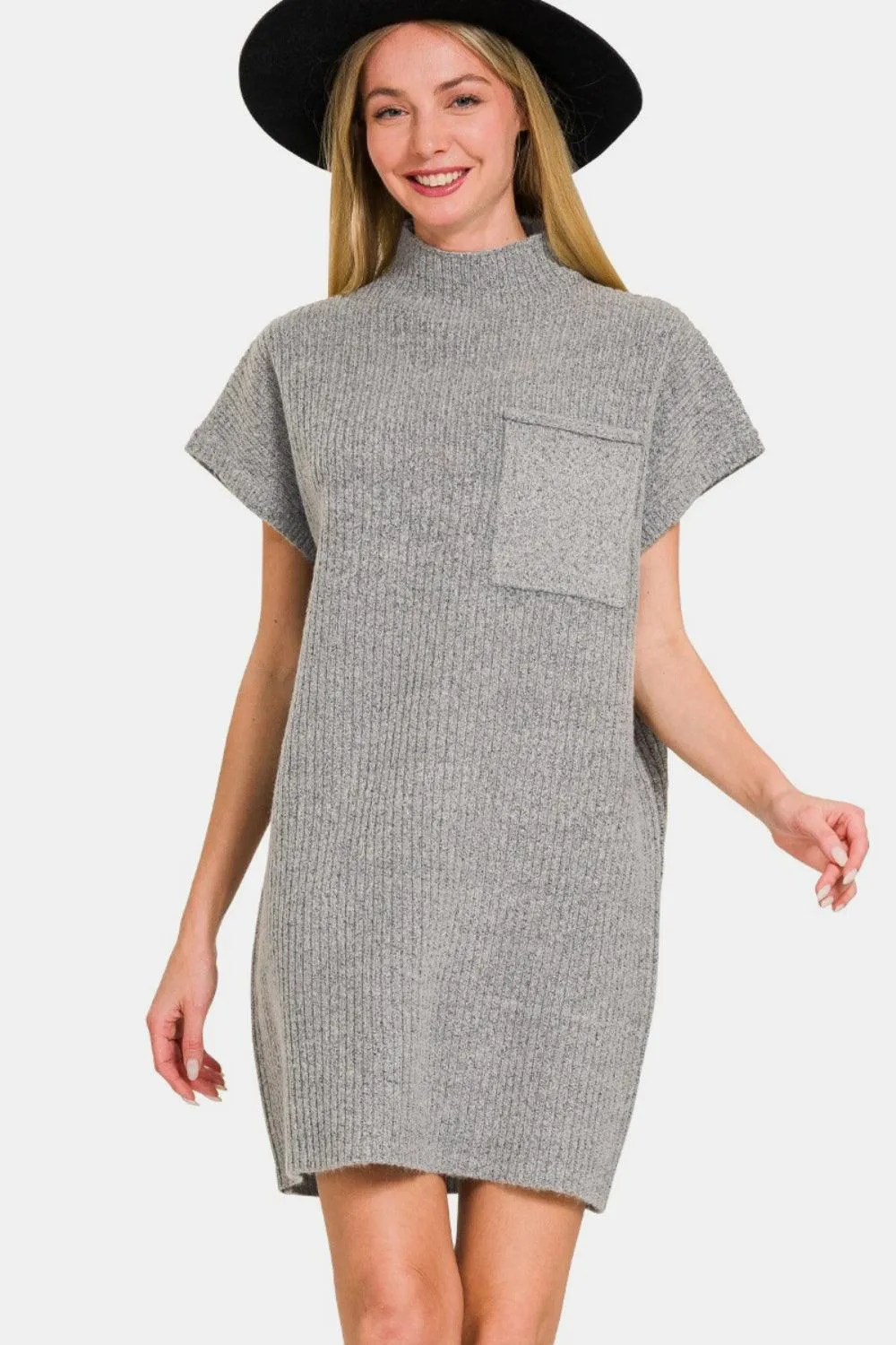 Zenana Sweater Mini Dress Short Sleeve Patch Pocket