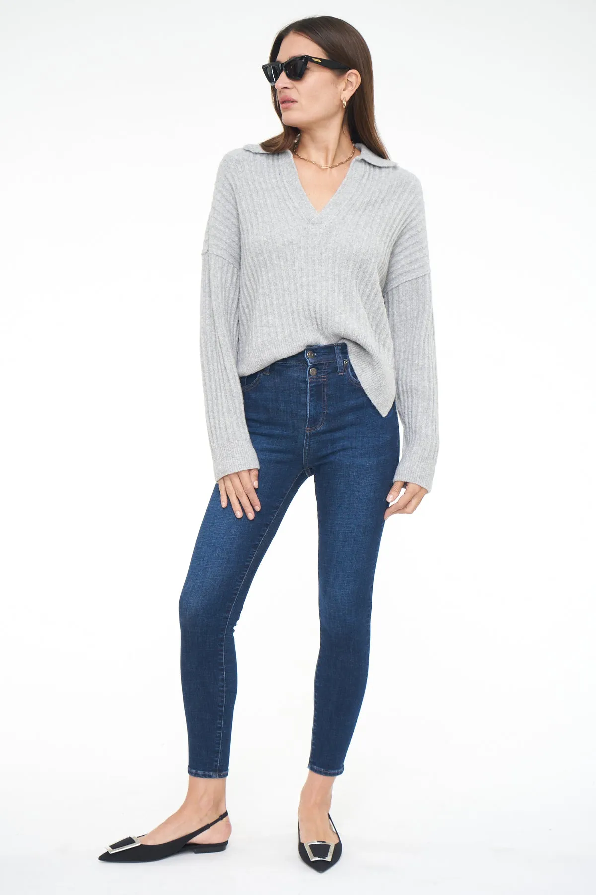 Zoe Relaxed Polo Sweater ~ Heather Grey