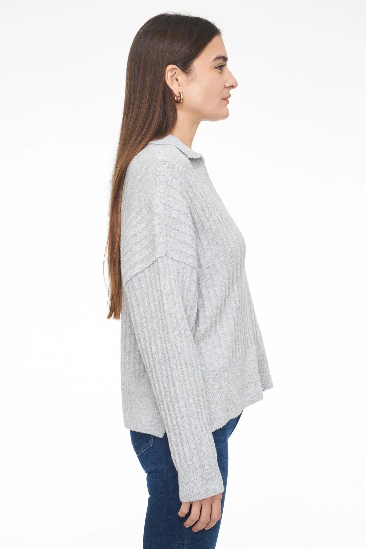 Zoe Relaxed Polo Sweater ~ Heather Grey