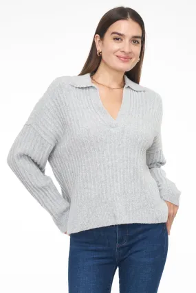 Zoe Relaxed Polo Sweater ~ Heather Grey